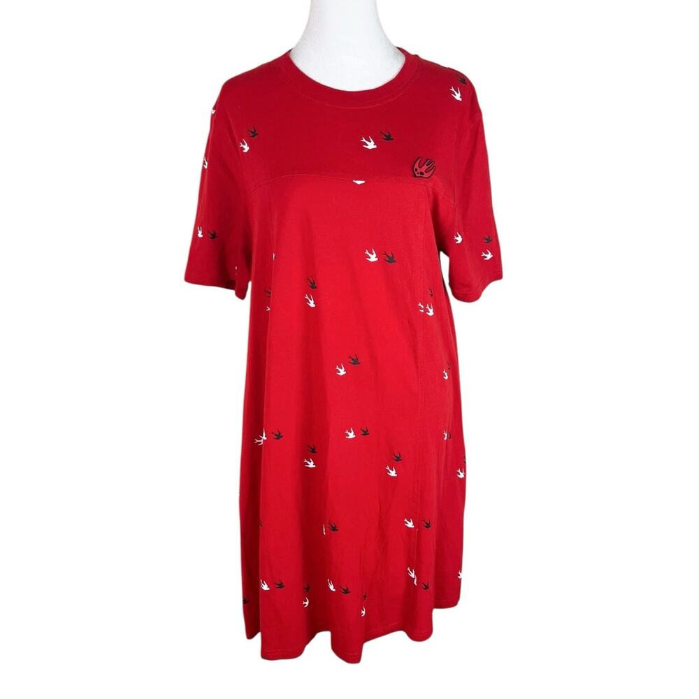 MCQ Alexander McQueen Red All Over Swallow Bird T-Shirt Dress Size Large - Picture 2 of 9